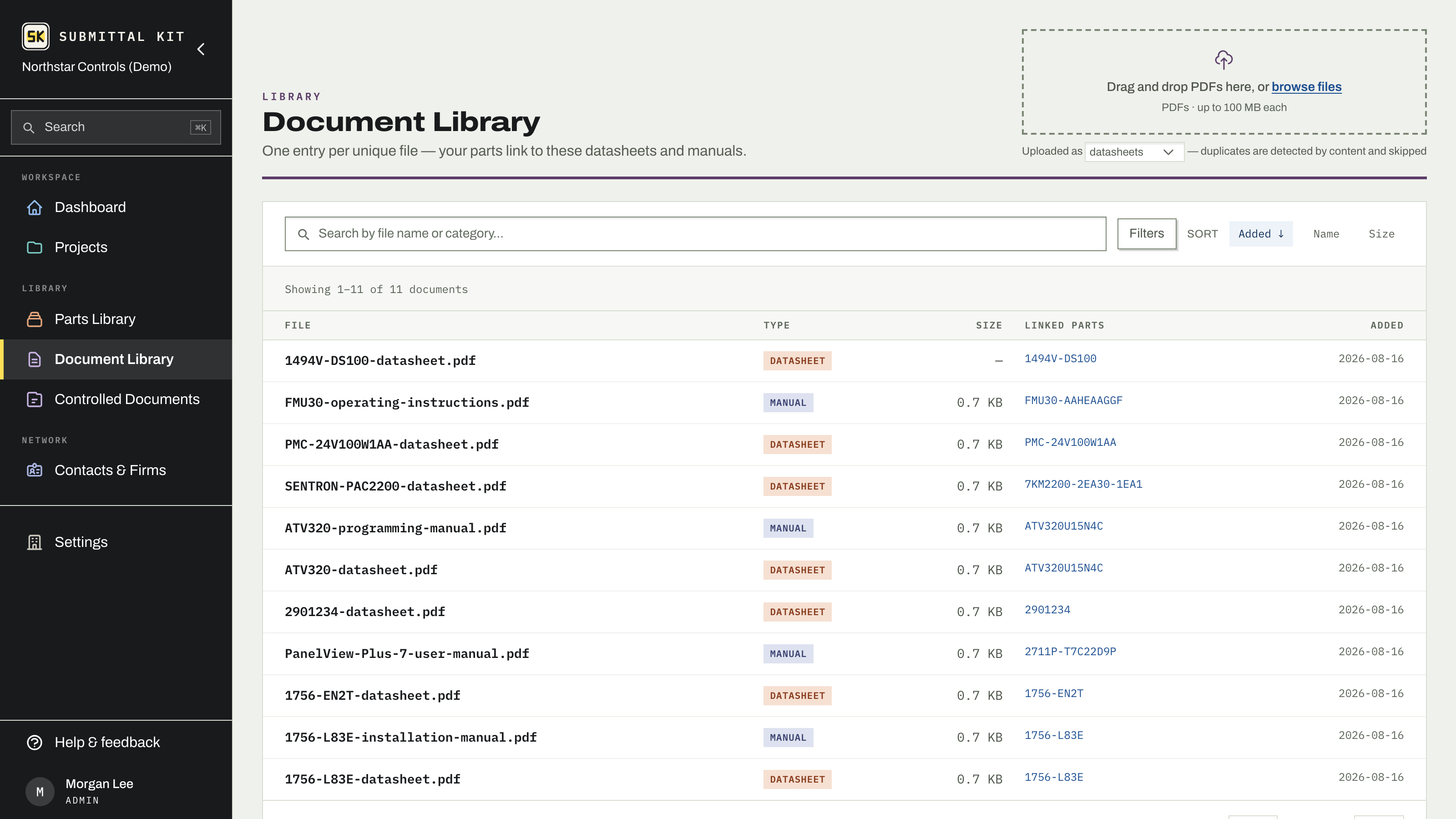 The Document Library with type filters and linked-part counts