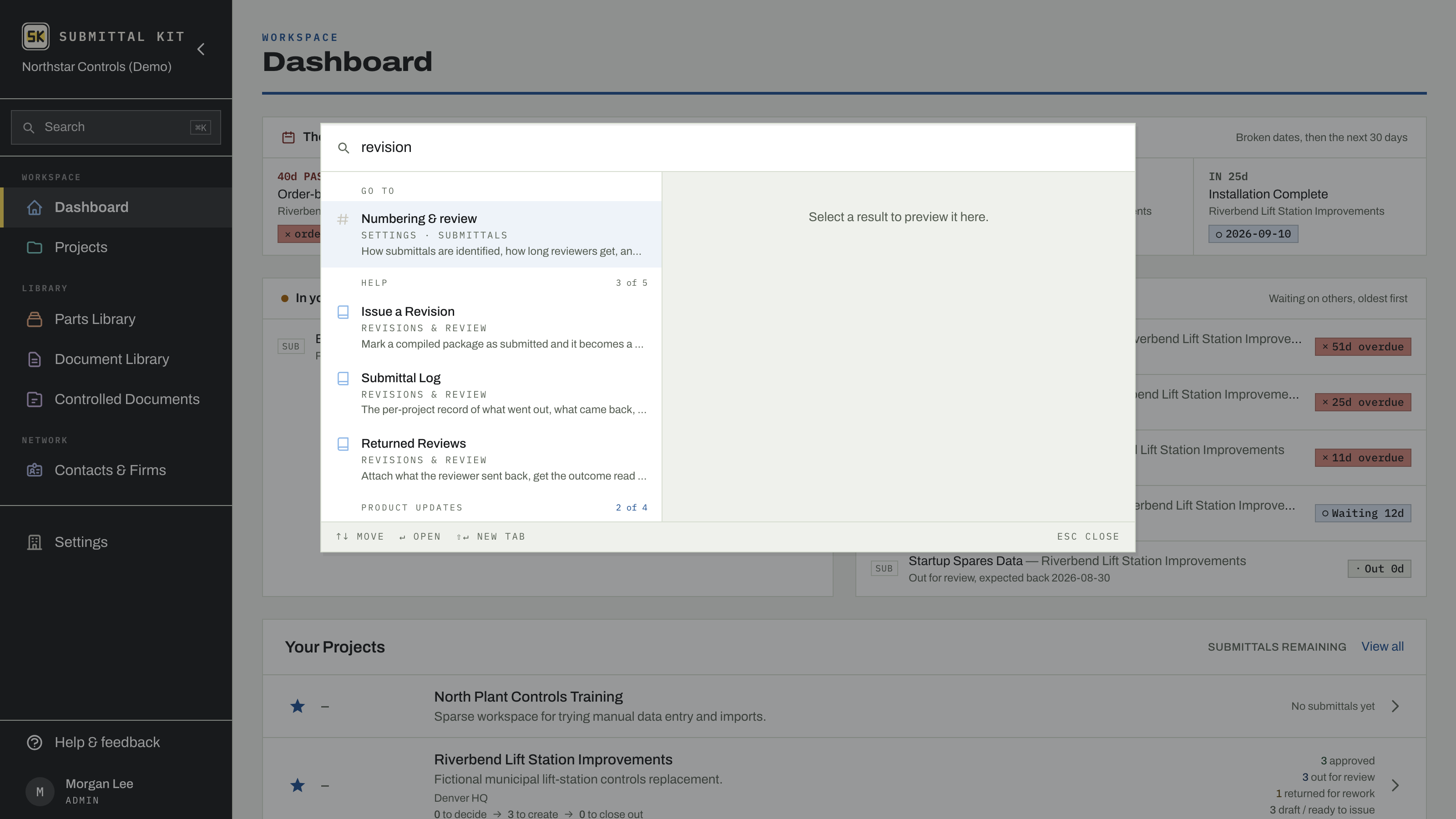 The palette with project results and matching help guides for one query