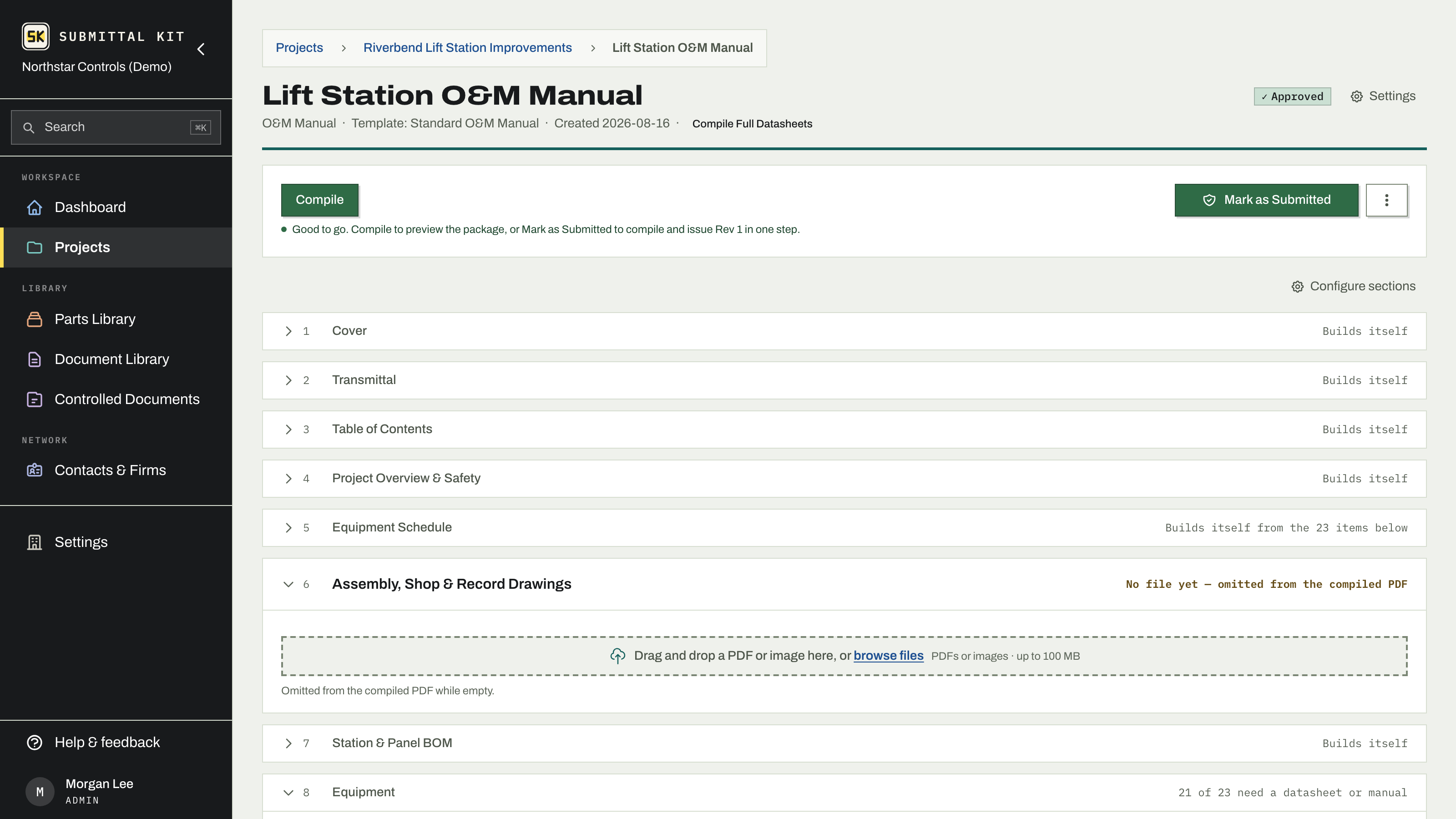 An approved O&M manual, good to go: closeout sections ahead of the equipment chapters
