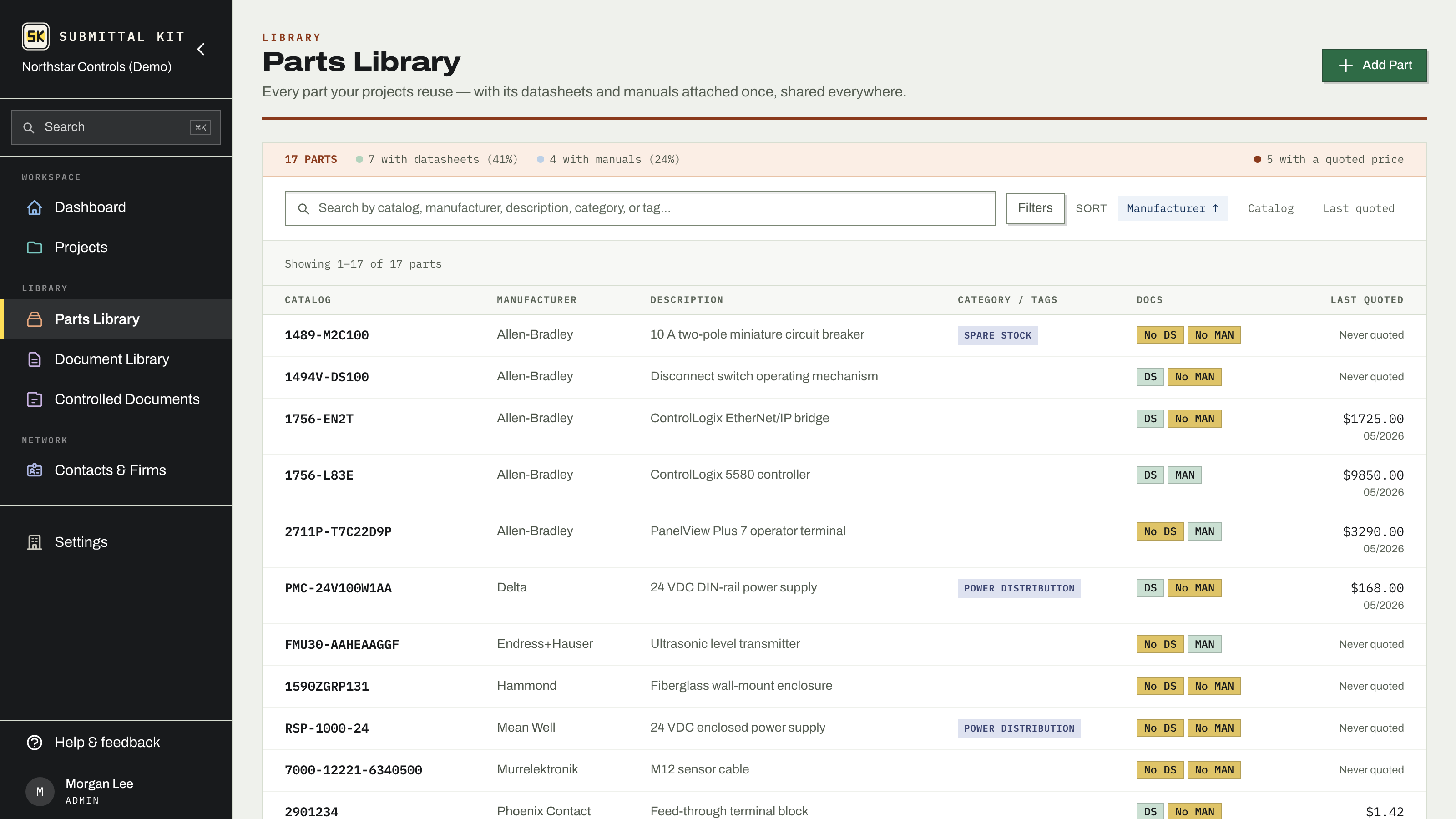 The shared parts library: one entry per catalog number, documents and last-quoted price attached