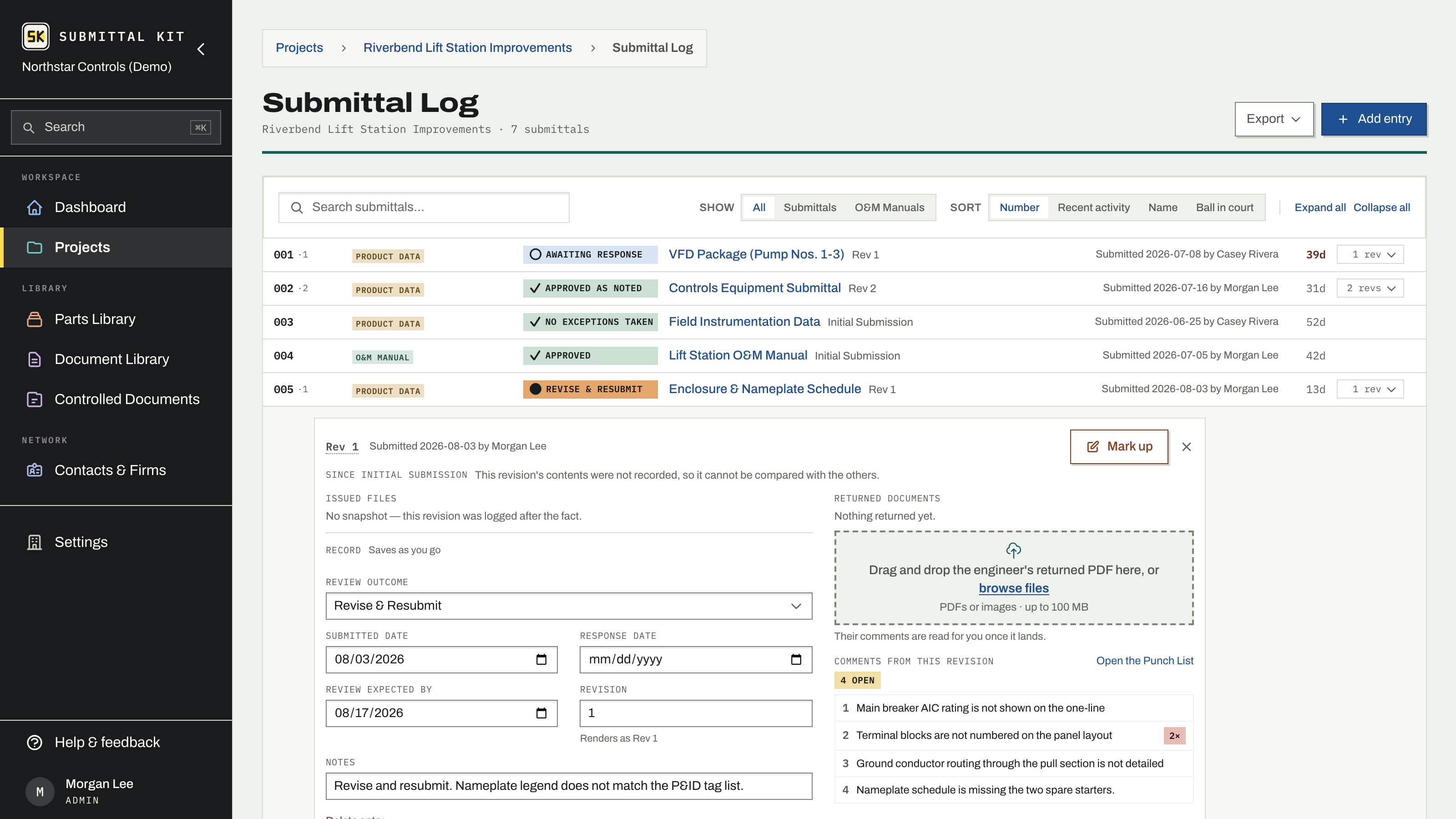 A revision opened from the log: review status, dates, and the returned document